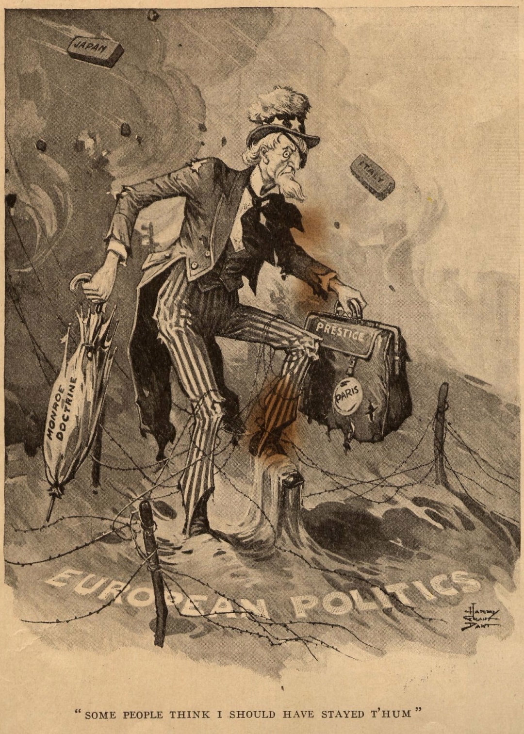 Дядько Сем загруз у європейській політиці: «Дехто вважає, що я повинен залишатися вдома»; карикатура 1919 р., журнал Life. Фото: Wikipedia.