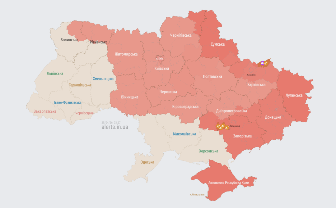 Актуальна мапа повітряних тривог тсаном на 03:27