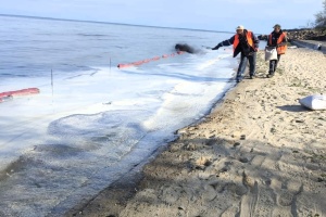 У Чорноморську через російський обстріл олією забруднені сотні метрів берега
