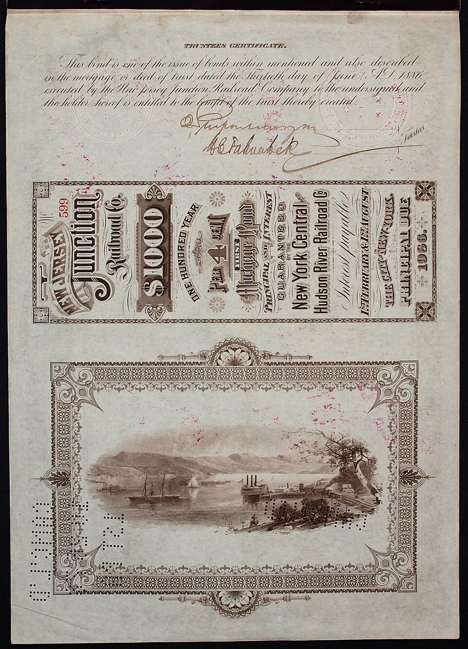 Облігація залізничної компанії New Jersey Junction, видана 30 червня 1886 року, зворотна сторона з підписами Джона Пірпонта Моргана та Гарріса К. Фахнестока як довірених осіб