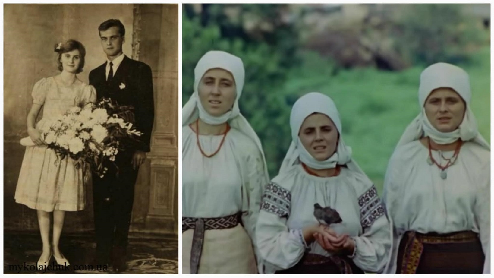 Дружина Івана Миколайчука – Марія на весільному фото і в кадрі фільму «Пропала грамота» у складі тріо «Золоті ключі» (праворуч)