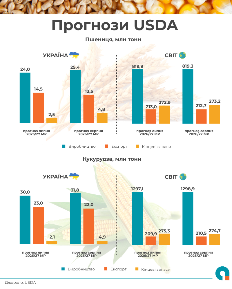 Мінсільгосп США збільшив прогноз виробництва українських пшениці та кукурудзи